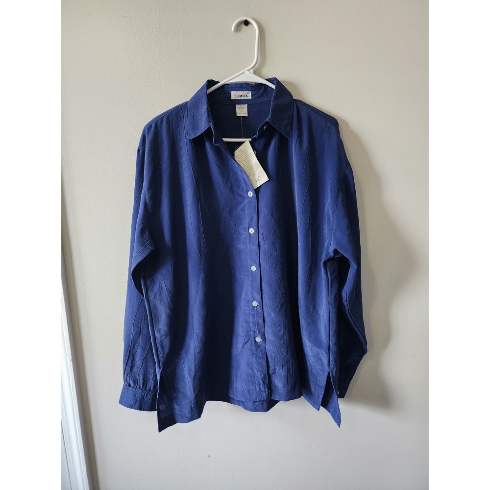 Dilmira Blouse Size Large Vintage NWT Navy Blue Crinkle Texture Button Down